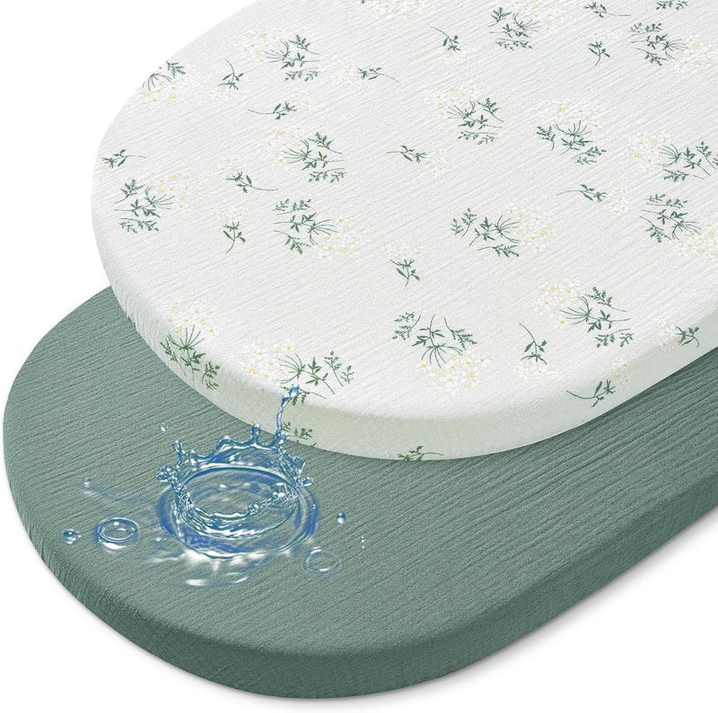 BeBeJoJo Baby Bassinet Sheets TPU Waterproof 2 Pack Soft Muslin Bedside Bassinet Mattress Sheets with Bottom Elastic Band for Baby Boy Girls Unisex Fit Hourglass Oval and Rectangle, Dark Green - Image 1